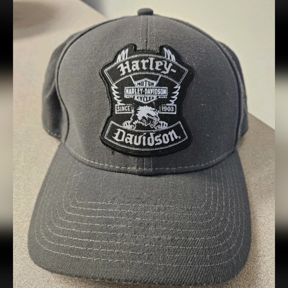 ​Harley-Davidson New Era 39THIRTY Hat Grey Eagle Patch Stretch Fit L/XL Biker